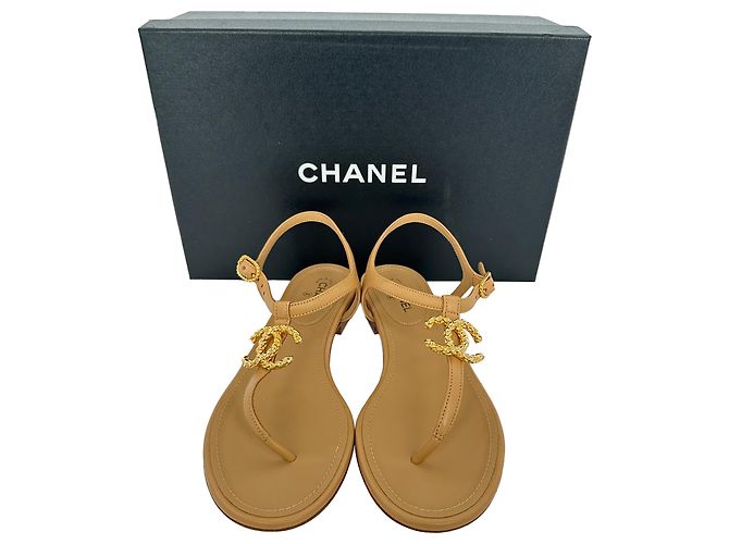 Chanel Logo T-Strap Flat Sandals in Tan Leather Brown Beige - view 14