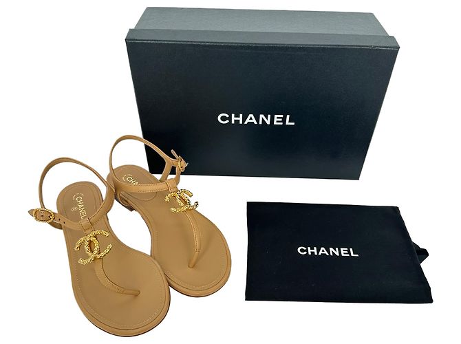 Chanel Logo T-Strap Flat Sandals in Tan Leather Brown Beige - view 15