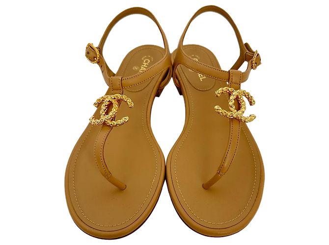 Chanel Logo T-Strap Flat Sandals in Tan Leather Brown Beige - view 2
