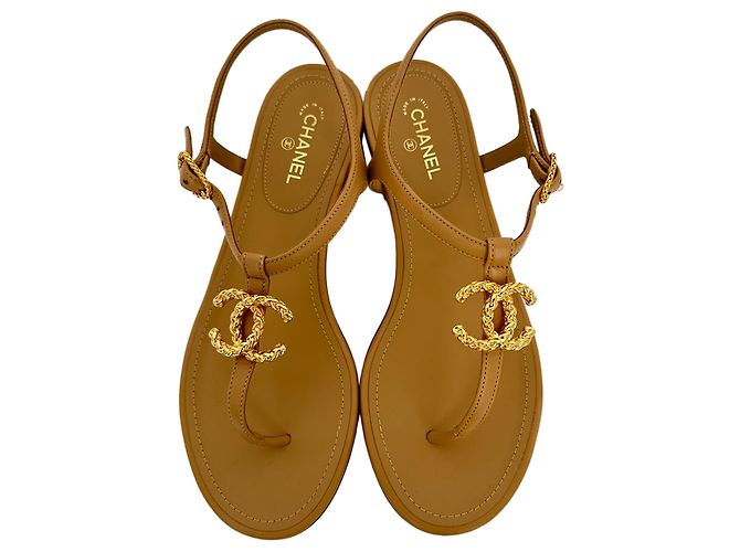 Chanel Logo T-Strap Flat Sandals in Tan Leather Brown Beige - view 3