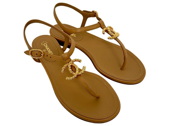 Chanel Logo T-Strap Flat Sandals in Tan Leather Brown Beige - view 4
