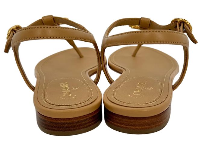 Chanel Logo T-Strap Flat Sandals in Tan Leather Brown Beige - view 5
