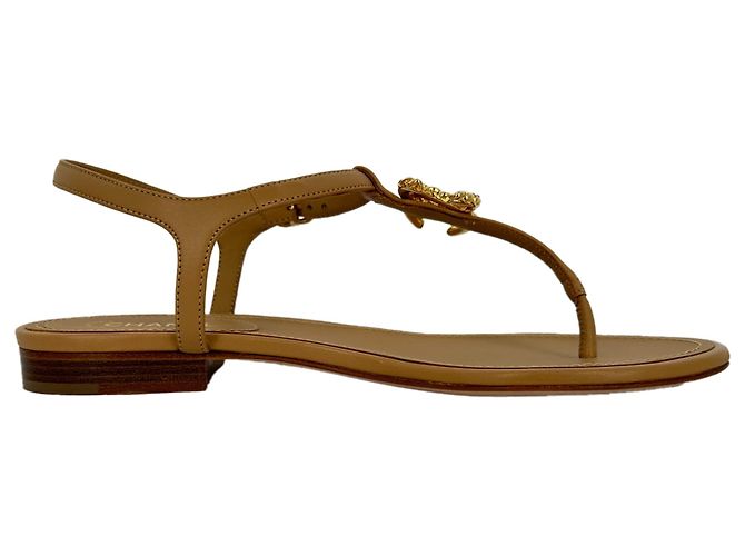 Chanel Logo T-Strap Flat Sandals in Tan Leather Brown Beige - view 6