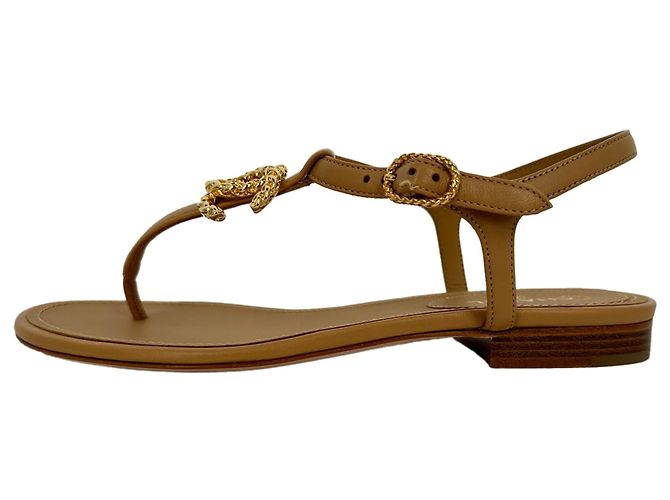Chanel Logo T-Strap Flat Sandals in Tan Leather Brown Beige - view 7