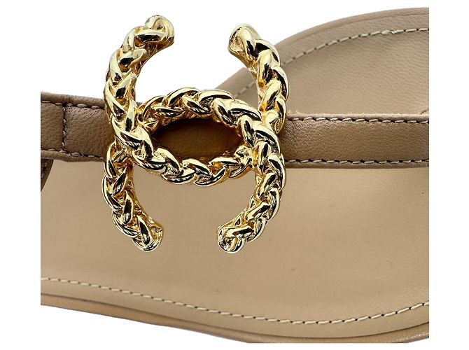 Chanel Logo T-Strap Flat Sandals in Tan Leather Brown Beige - view 8