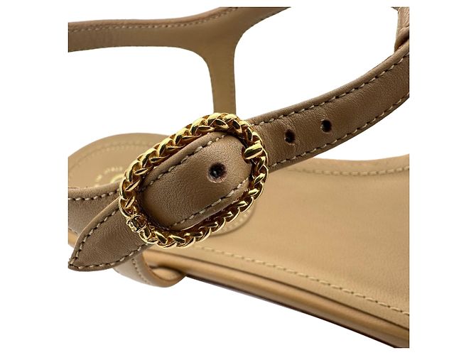 Chanel Logo T-Strap Flat Sandals in Tan Leather Brown Beige - view 9