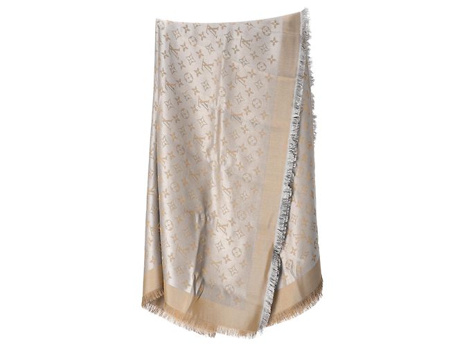 Sciarpa con frange Monogram Louis Vuitton in seta beige - vista 2