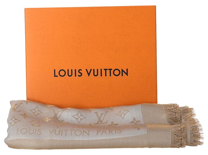 Sciarpa con frange Monogram Louis Vuitton in seta beige - vista 3
