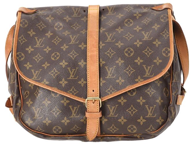 Borsa a tracolla Louis Vuitton Saumur 35 in tela rivestita marrone - vista 3