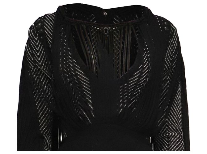 Herve Leger gestricktes Maxikleid mit Fransen und langen Ärmeln aus schwarzer Viskose - Ansicht 2
