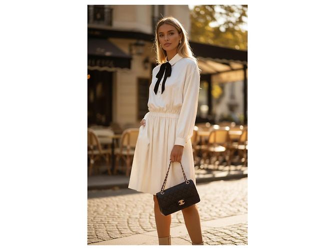 Chanel Vestido Blouson 23C Ecru de Seda Jacquard con Lazo de Terciopelo FR 40 - vista 2