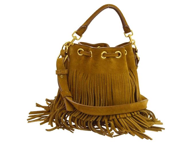 Autre Marque Saint Laurent Fringe Emmanuelle Bucket Suede Mini Castaño - vista 2