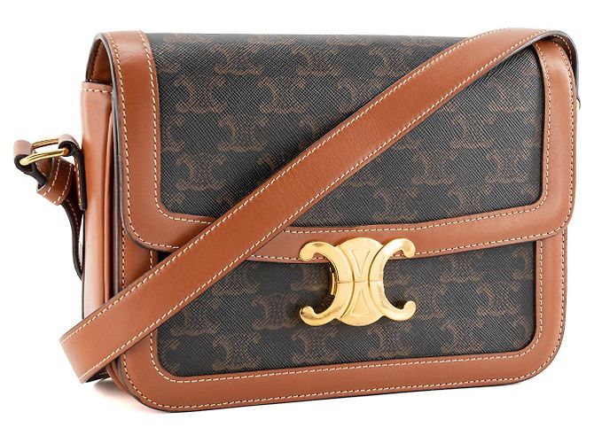 Céline CELINE - Borsa a tracolla Triomphe Celine in tela rivestita triomphe marrone e pelle tan - vista 2