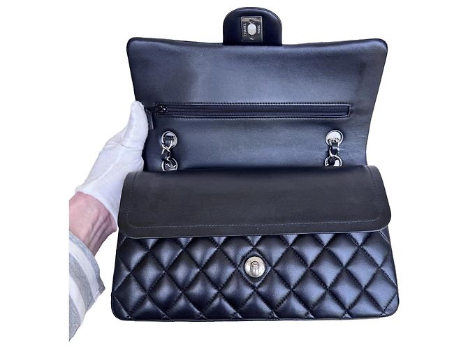 Timeless Chanel Classic Double Flap Medium Schwarz Lammleder Silber - Ansicht 5