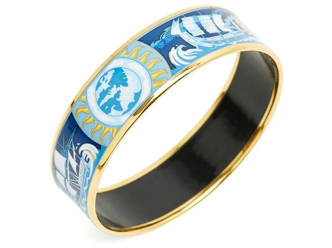 Hermès Brazalete de Esmalte Estampado Face au Large Blanco Azul Dorado - vista 2