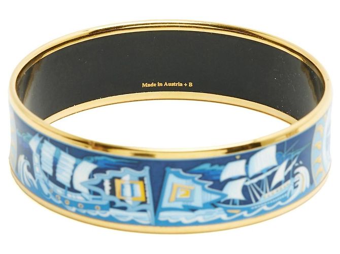 Hermès Brazalete de Esmalte Estampado Face au Large Blanco Azul Dorado - vista 3