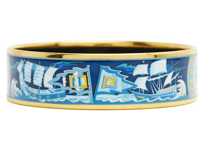 Hermès Brazalete de Esmalte Estampado Face au Large Blanco Azul Dorado - vista 5