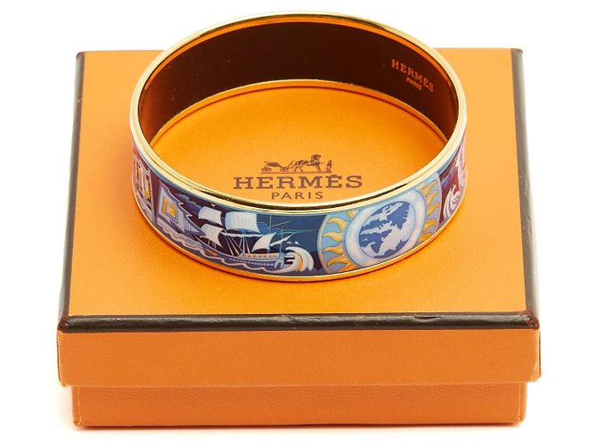 Hermès Brazalete de Esmalte Estampado Face au Large Blanco Azul Dorado - vista 6