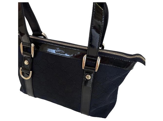 Borsa Tote Gucci Abbey in Tela Blu Scuro e Pelle Nera - vista 4