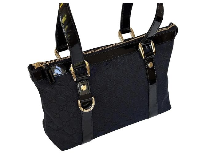 Borsa Tote Gucci Abbey in Tela Blu Scuro e Pelle Nera - vista 5