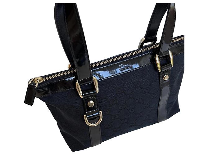 Borsa Tote Gucci Abbey in Tela Blu Scuro e Pelle Nera - vista 6