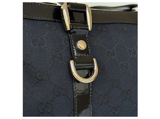 Borsa Tote Gucci Abbey in Tela Blu Scuro e Pelle Nera - vista 8