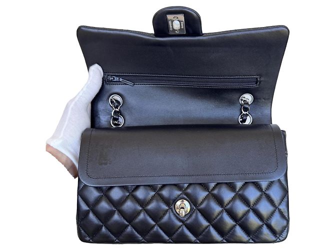 Timeless Chanel Classic Double Flap Medium Schwarz Lammleder Silber - Ansicht 13