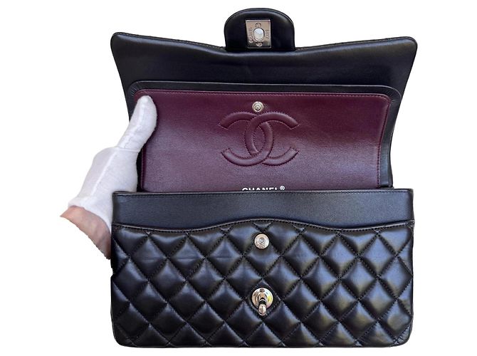 Timeless Chanel Classic Double Flap Medium Schwarz Lammleder Silber - Ansicht 14