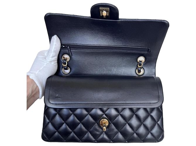 Timeless Chanel Classic Double Flap Medium Schwarz Lammleder Goldfarben - Ansicht 8