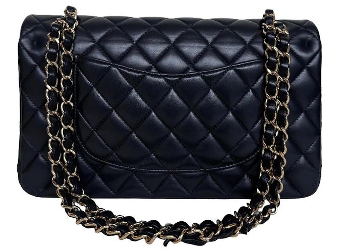 Timeless Chanel Classic Double Flap Medium Pele Cordeiro Preto Ouro - vista 8