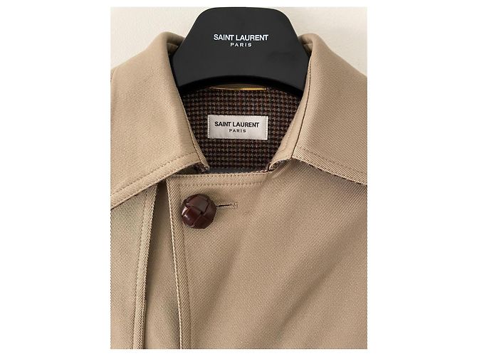 Saint Laurent Beiger Baumwoll-Trenchcoat mit kariertem Wollfutter - Ansicht 4