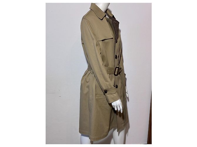 Saint Laurent Beiger Baumwoll-Trenchcoat mit kariertem Wollfutter - Ansicht 8