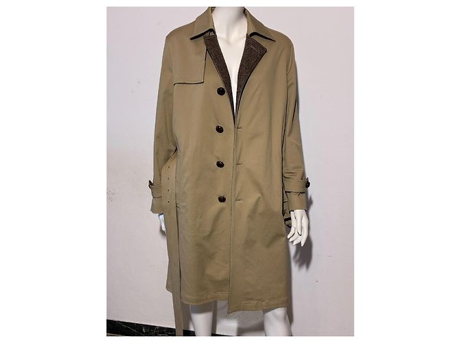 Saint Laurent Beiger Baumwoll-Trenchcoat mit kariertem Wollfutter - Ansicht 9