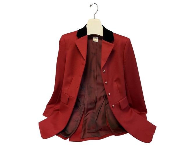 Hermès Hermes Brick Red Button Front Wool Riding Equestrian Jacket with Black Velvet Collar - view 6
