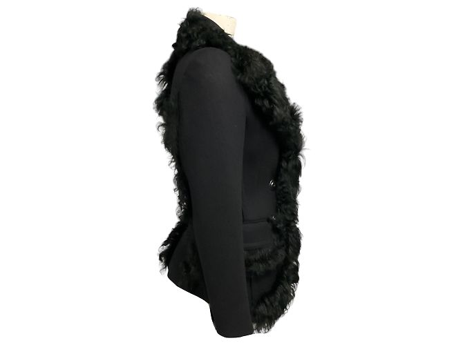 Prada Black Double Stretch Wool Giacca Jacket with Fur Trim - view 2