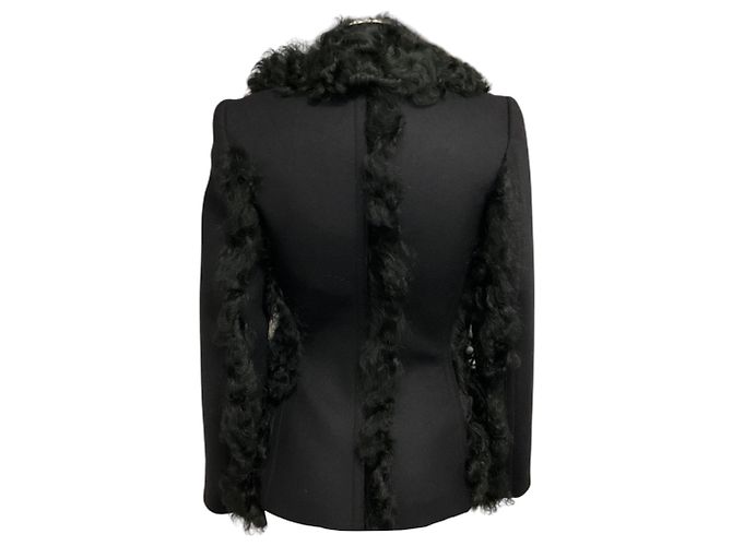 Prada Black Double Stretch Wool Giacca Jacket with Fur Trim - view 3