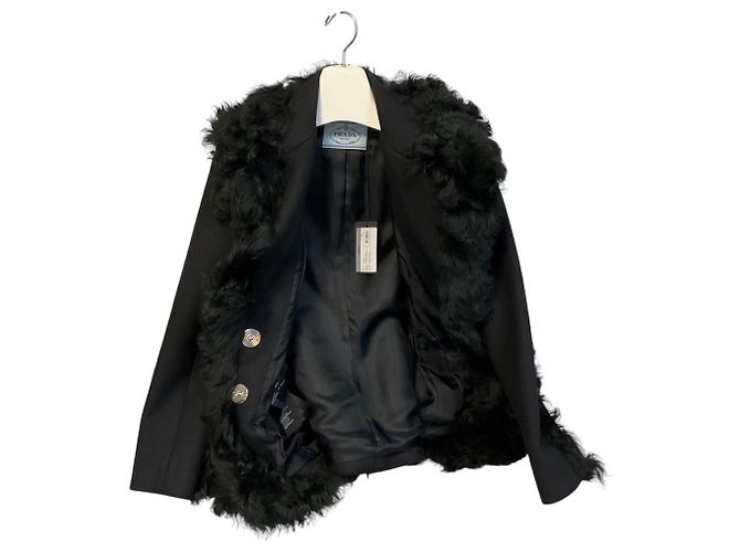 Prada Black Double Stretch Wool Giacca Jacket with Fur Trim - view 7