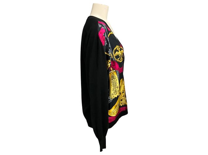Hermès Hermes Strickcardigan aus Kaschmir und Seide mit mehrfarigem Seidentuch-Print Schwarz / Rosa / Gold - Ansicht 2