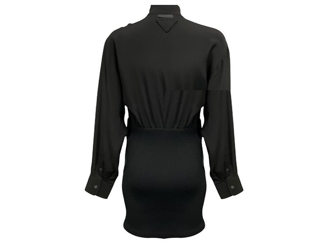 Vestido mini Prada de manga comprida em cady de seda e malha de lã preta Preto - vista 3
