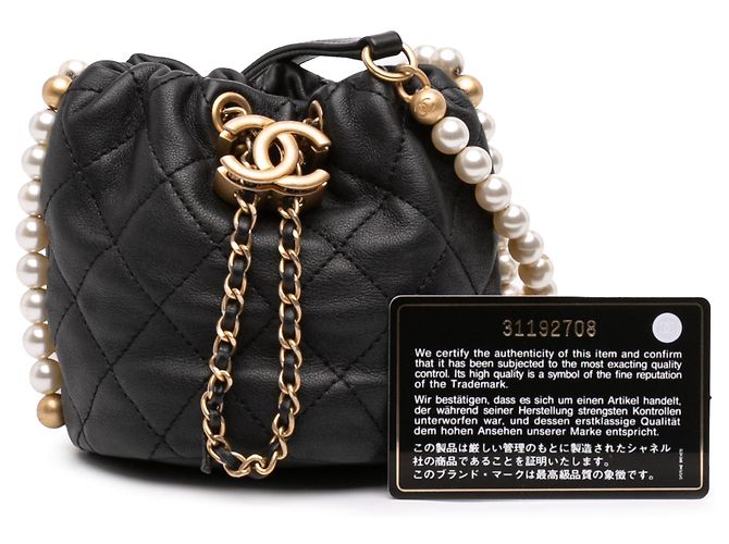 Borsa bucket con coulisse Chanel Mini Quilted Calfskin About Pearls Nera - vista 12