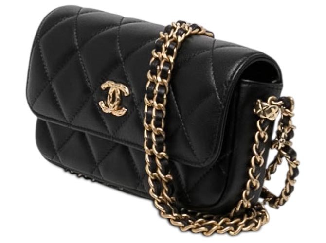 Schwarzer Chanel CC gesteppter Lammleder-Phone-Holder mit Klappe und Schultertasche mit Kette - Ansicht 2