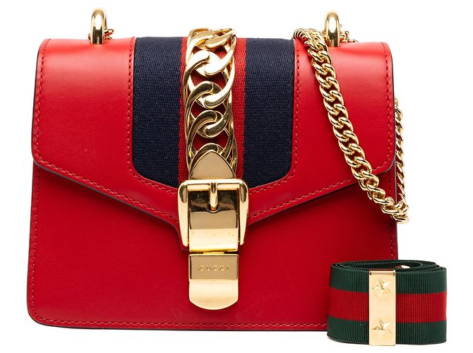 Borsa Red Gucci Mini Calfskin Web Sylvie Chain Satchel Rosso - vista 7