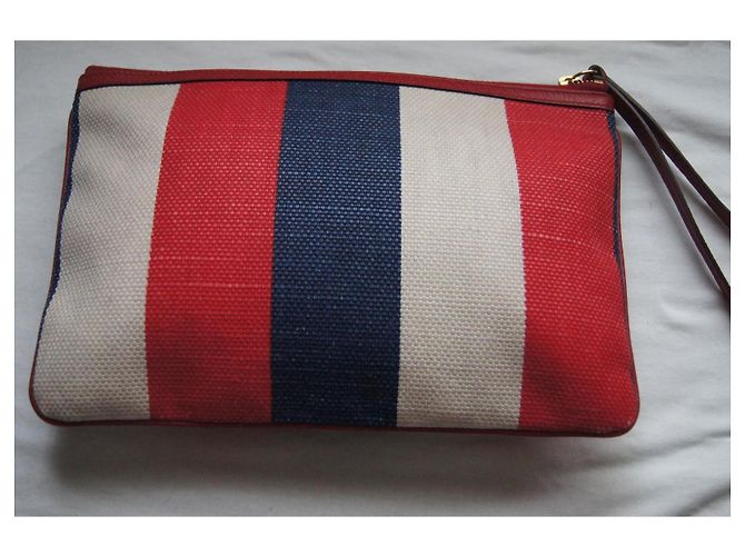 Pochette Gucci a righe in tela e pelle Bianco Rosso Blu Multicolore - vista 2