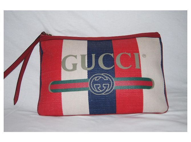 Pochette Gucci a righe in tela e pelle Bianco Rosso Blu Multicolore - vista 3