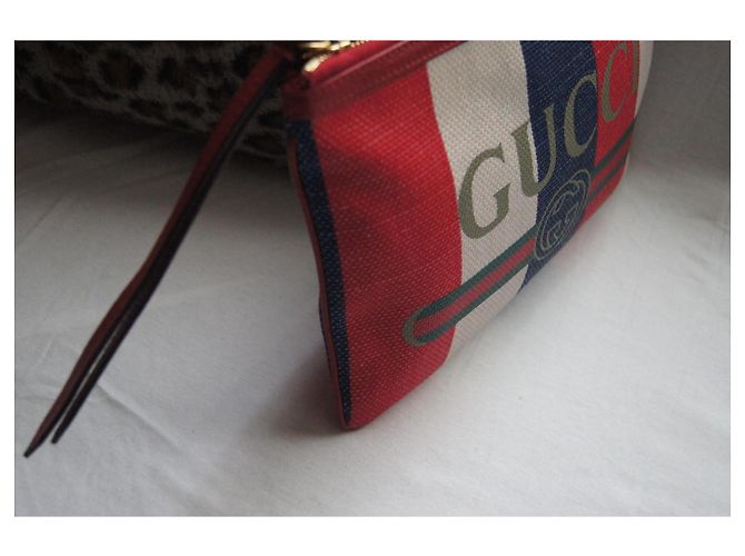 Pochette Gucci a righe in tela e pelle Bianco Rosso Blu Multicolore - vista 4