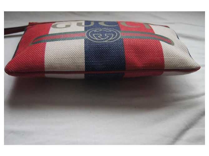 Pochette Gucci a righe in tela e pelle Bianco Rosso Blu Multicolore - vista 5