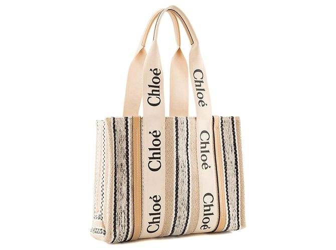 CHLOÉ - Sac Cabas Woody Chloé em lona e couro bege e preto - vista 2