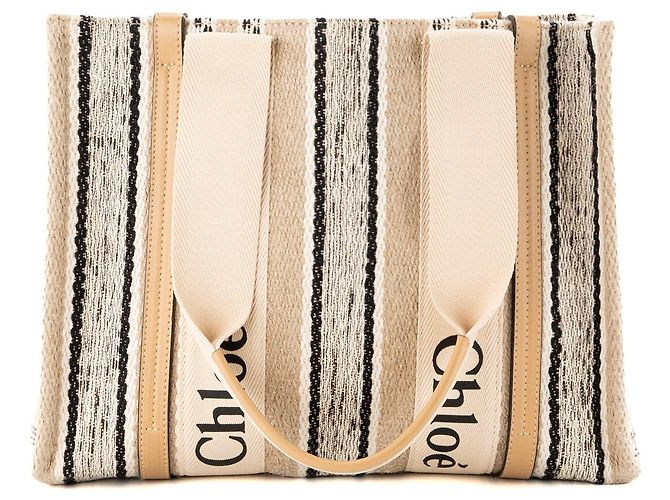 CHLOÉ - Sac Cabas Woody Chloé em lona e couro bege e preto - vista 3