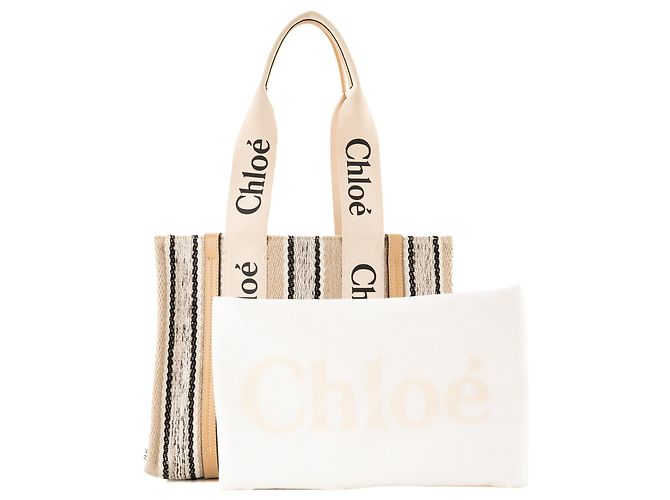 CHLOÉ - Sac Cabas Woody Chloé em lona e couro bege e preto - vista 8