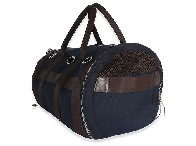 Transport pour chien Hermès en toile Navy PHW Marron Bleu - vue 2